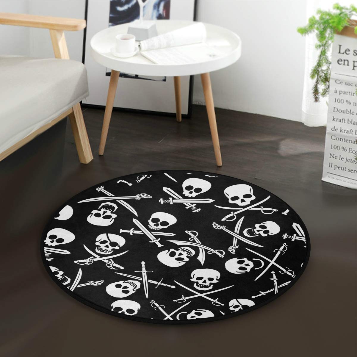 スカルデザインラグ Amazon｜ALAZA カーペット 丸型 髑髏 スカル柄 白黒 ラグマット 円形