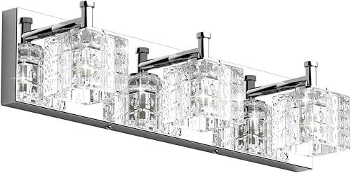 Ralbay 3 luces de cristal para tocador de baño, moderna lámpara LED cromada para baño sobre espejo