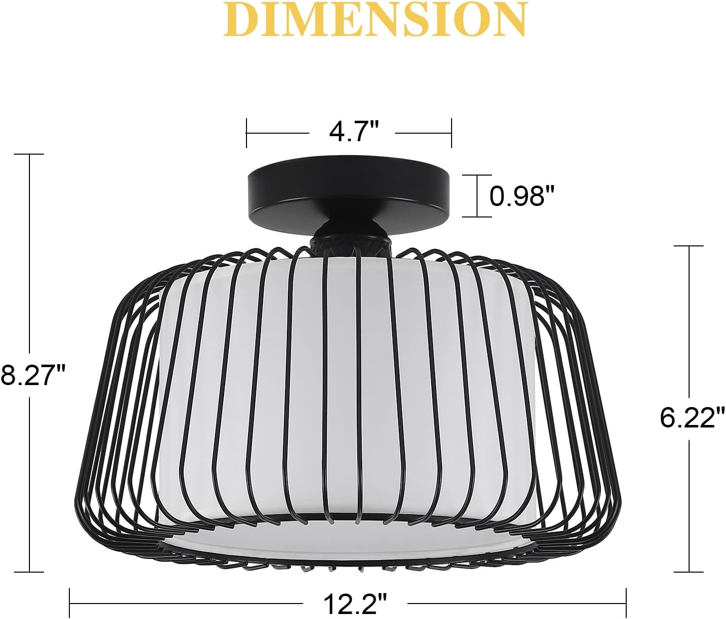 Semi Flush Mount Ceiling Light, 12.2" Drum Ceiling Light with White Fabric Shade and Black Metal Frame, Modern Entryway Flush Light Fixtures for Bedroom, Kitchen, Hallway (Black)