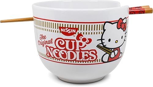 Miniatura 9 de Silver Buffalo Sanrio Hello Kitty x Nissin Cup Nissin Cup Noodles - Juego de vajilla de cerámica roja  Incluye cuenco de fideos ramen y palillos de