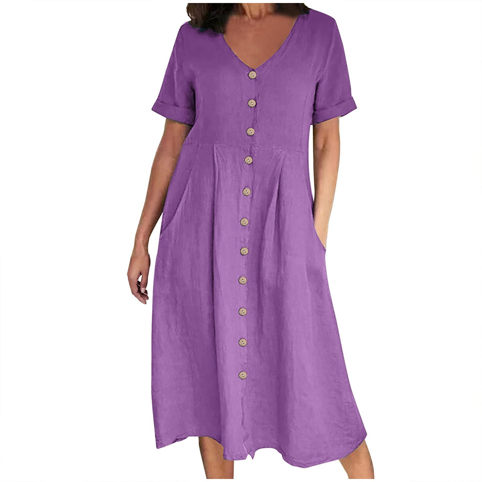 AMhomely Summer Dress Women UK-Button Down Shirt Dress,Plus Size Cotton Linen Dresses with Pocket,V Neck,Short Sleeve,Bohemian Beach Sundress,Office Work,Holiday Vacation B Purple XXL