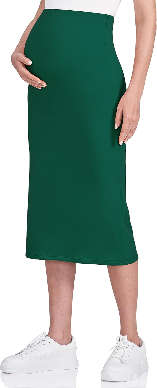 POSHDIVAH Women's Maternity Skirt Over The Belly Midi High Waisted Solid Stretchy Pregnancy Pencil Skirt