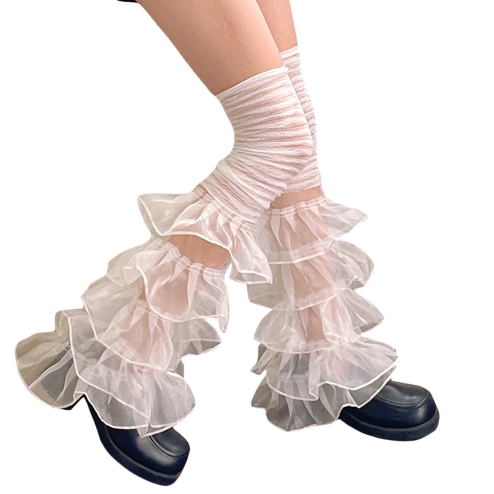 Women Girls Lolita Leg Warmers Y2k Sheer Mesh Ruffle Lace Long Socks Teens Harajuku Kawaii Clothes