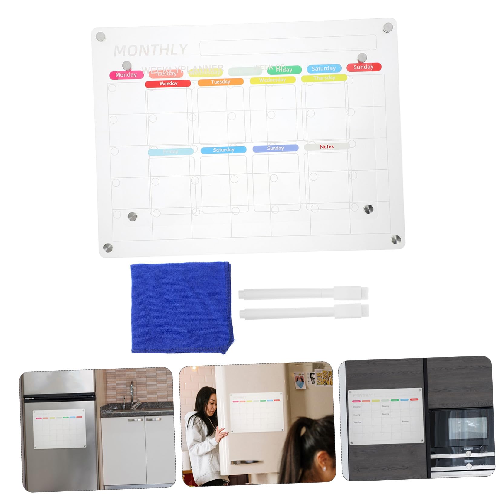 Lavagna Trasparente per Frigorifero Lavagnetta Cancellabile Riutilizzabile con Calendario Mensile e Settimanale Planner con per Cucina e Ufficio con Pennarello e Panno Superficie