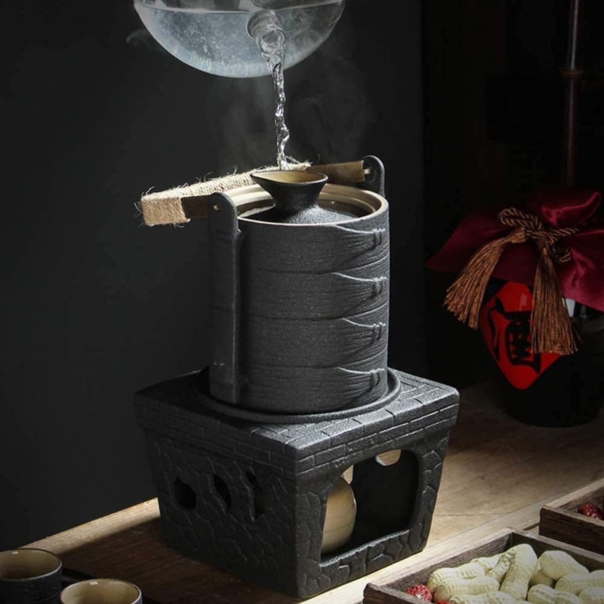 9-Piece Japanese Sake Set, Japanese Ceramic Black Glaze Sake Set with Warmer Pot and Heating Stove, for Cold/Warm/Shochu/Tea