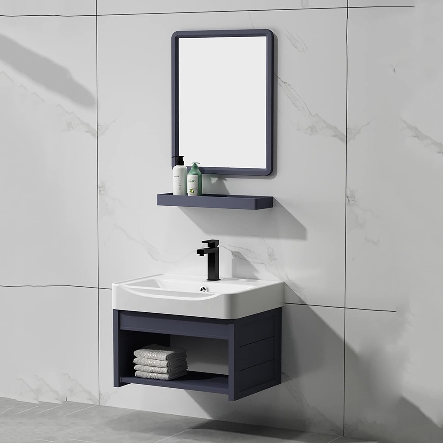 Modern 20" Bathroom Cabinet Vanity Set with Rectangle Ceramic Vessel Sink Wall Mount Floating Design High Definition Mirror and Faucet White,Blue-L51x W35x H35cm