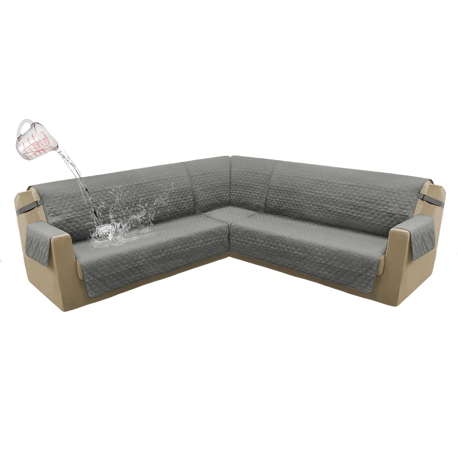ALIECOM 100% Dual Waterproof Corner Sectional Couch Covers L Shape 3 Piece L Shaped Sectional Sofa Cover for Dogs Pets Living Room U Sectional Slipcovers Set Washable Slip Covers (Dark Gray, Large)