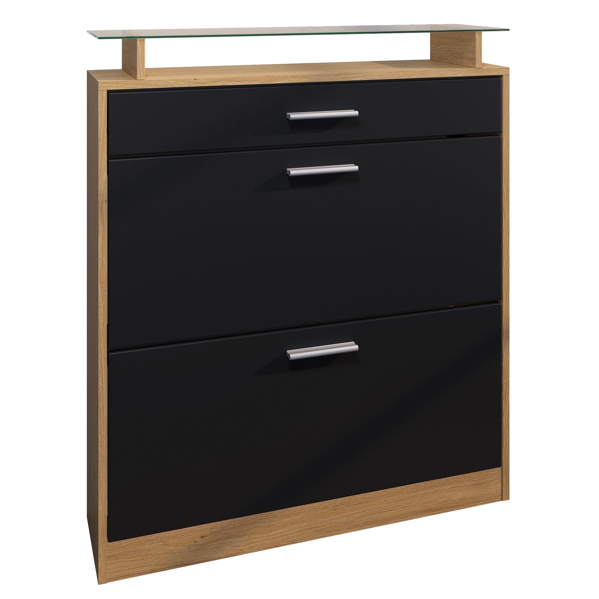 Vladon Schuhschrank Loret, Schuhkipper für 16 Paar Schuhe mit 1 Schublade, Schuhregal in Eiche Skandi/Schwarz matt (89 x 104 x 23 cm)