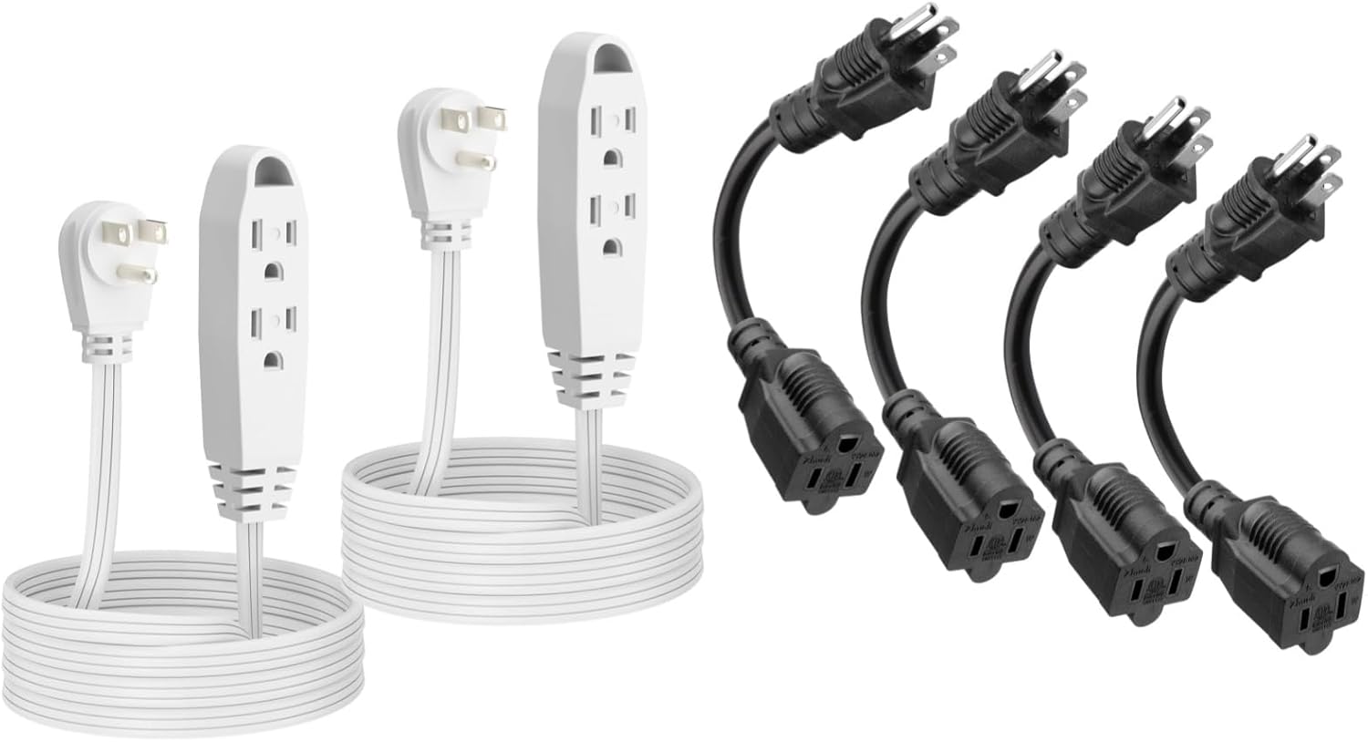 K KASONIC - 6 Feet 3 Outlet Extension Cord 2 Pack + 8 inch Short Power Extension Cord Outlet Saver 4 Pack, Black