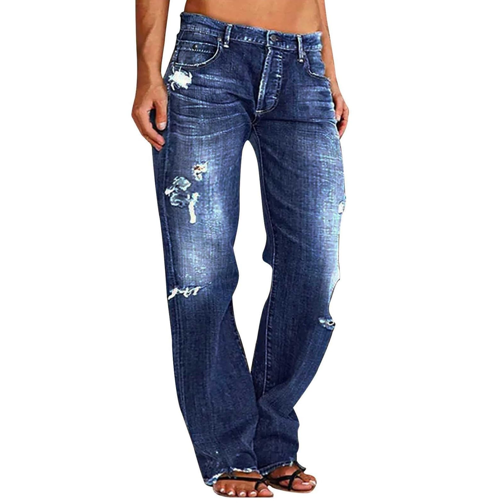 Jeans for Women Straight Leg Low Rise Distressed Pants Ripped Baggy Button Down Boyfriend Denim Trouser with Pockets