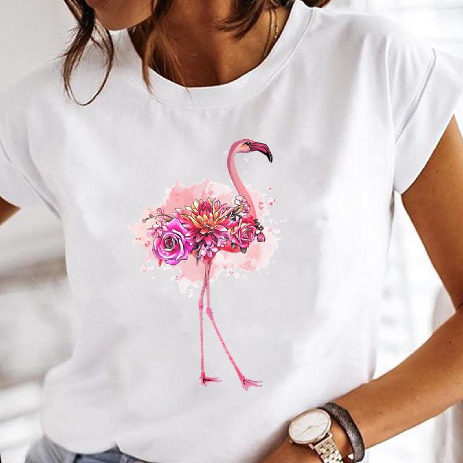 Women Elegant Flower Flamingo Print Tops Graphic Pieces Female T Shirt  Fashion Clothing Short Sleeve Lady T Shirt-LAQA27698-L : Amazon.nl: Fashion