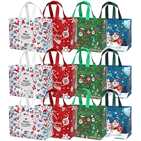 YANGTE 12 Pack Christmas Tote Bags with Handle Large Gift Bag, Reusable Non-Woven Grocery Shopping Totes Santa Claus Snowman Reindeer Bag for Holiday Xmas Event Party, 12.4" x 9.6" x 6.5" Cover