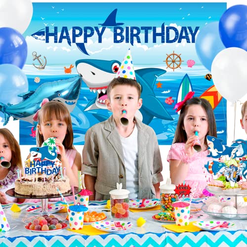 Shark Birthday Party Decorations, Shark Theme Party Supplies For Boys Girls Baby - Cake, And Cupcake Toppers, Balloons. Shark Sign, Sheet Temporary Tattoos, Backdrop #TOP6