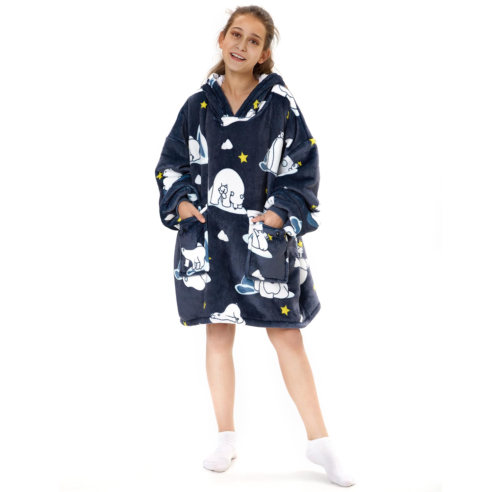 Kids Wearable Blanket Hoodie, Oversized Blanket Sweater With Sleeves for Teen Girls 10-12, Fuzzy Cozy Big Hooded Blanket Sweatshirt Jacket Robe, Cute Hideout Hoodie for Girl Sister Gifts
