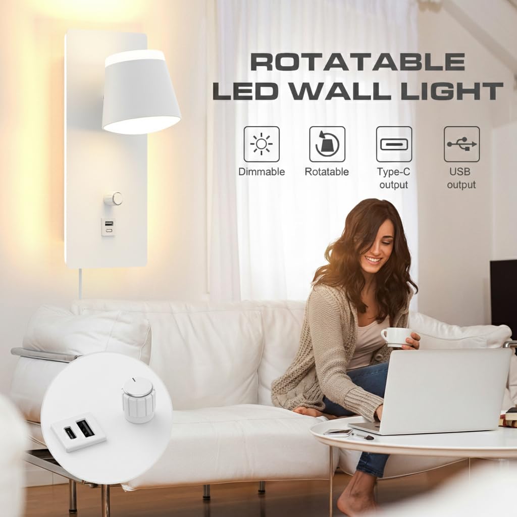 Sytmhoe 25W Dimmbar Wandleuchte Bett mit Stecker Kabel USB-C 3CCT 2 Stück | Matt weiß 2000LM 3000 K 4500 K 6000 K umschaltbar arbeitszimmer Leselicht wandlampe leselampe, steckfertig, mit sanftes licht