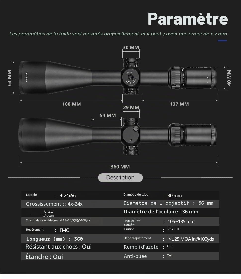 SPINA OPTICS Lunette de visée 4-24X56SF Viseurs optiques de Chasse en Verre 30 mm