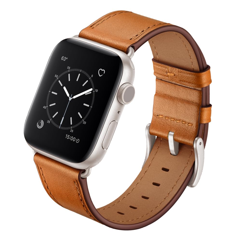 OUHENG Leather Bands Compatible with Apple Watch Band 42mm 40mm 38mm 41mm, Genuine Leather Strap Compatible with iWatch Series 11/10/9/8/7/6/5/4/3/2/1 & SE3 SE2 SE Classic Brown Starlight