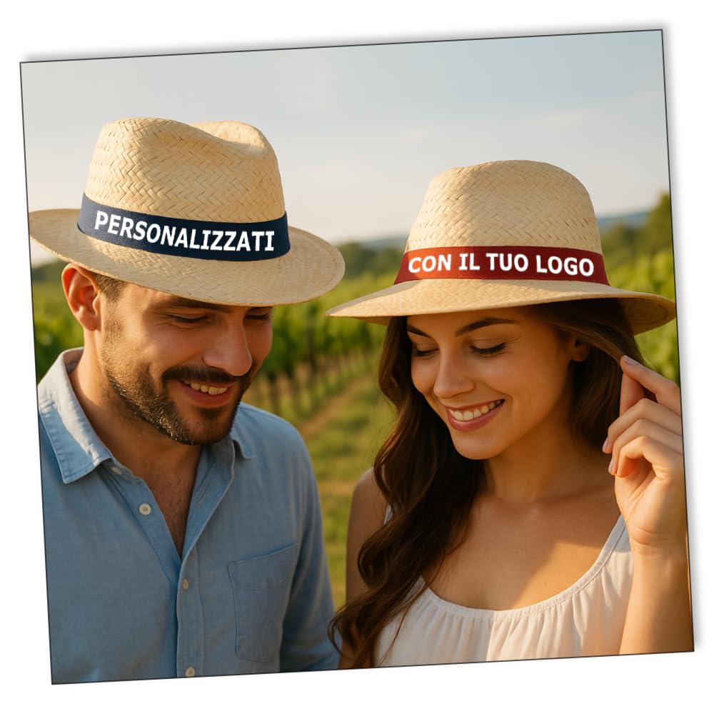 300 Cappelli personalizzati in Cannina 100 % Paglia Naturale disponibili 11 Modelli: Alpino, Cowboy, Borsalino, Pastorella, Indiana J., Gondoliere, Texano, Bombetta, Cubano con nastro personalizzato