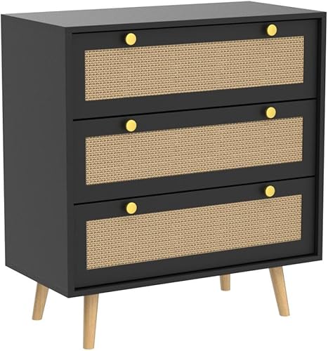 Miniatura 6 de Anmytek Cómoda negra para dormitorio con 3 cajones, cómoda moderna de madera con 3 cajones, cómoda negra con amplio almacenamiento de ratán para