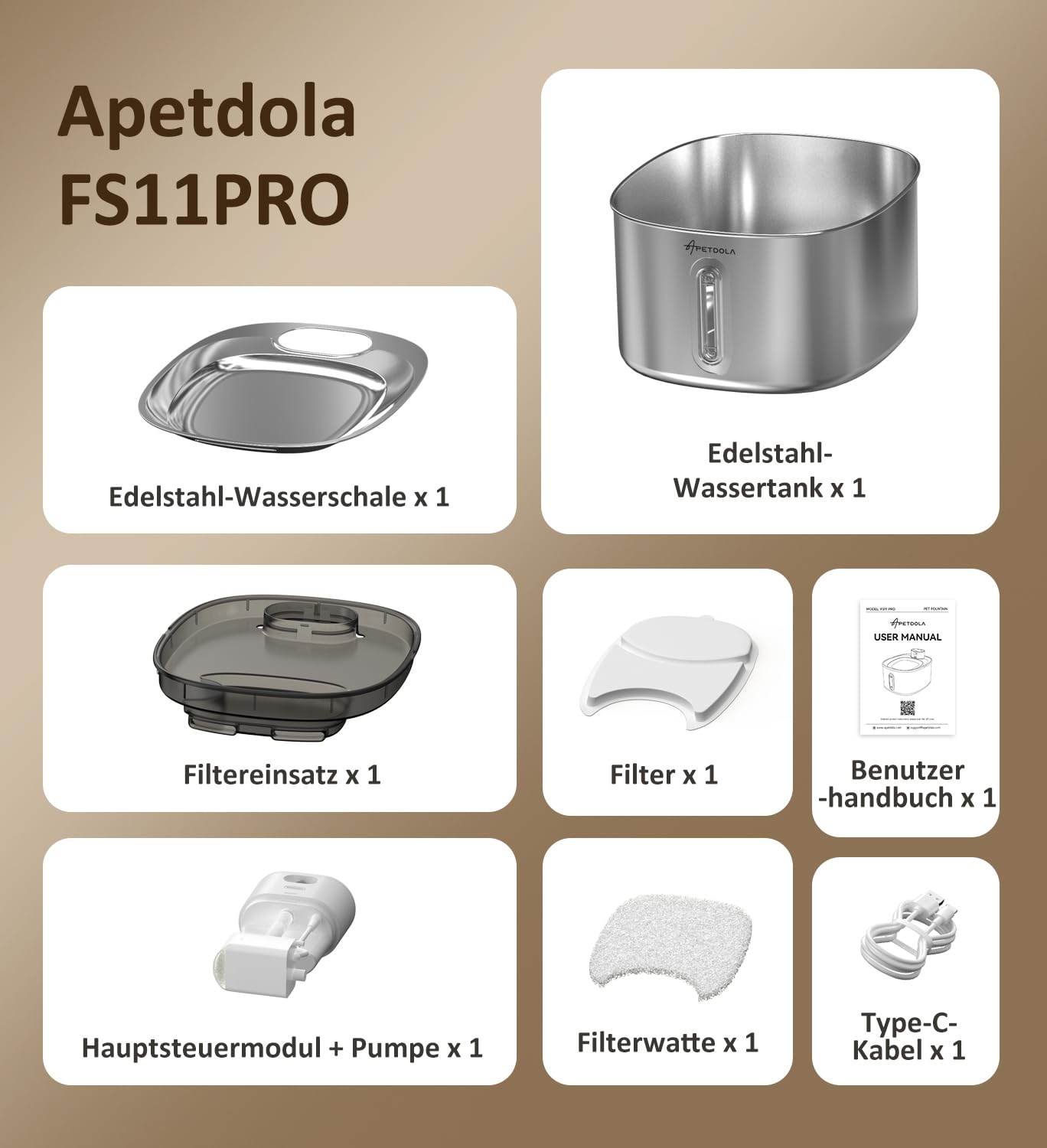 Apetdola FS11PRO Katzenbrunnen aus Edelstahl, 152 FL. oz. / 4,5 L kabelloser Katzenbrunnen, mit 5000-mAh-Akku betriebener Trinkbrunnen für Katzen und Hunde, Ultra‑leise