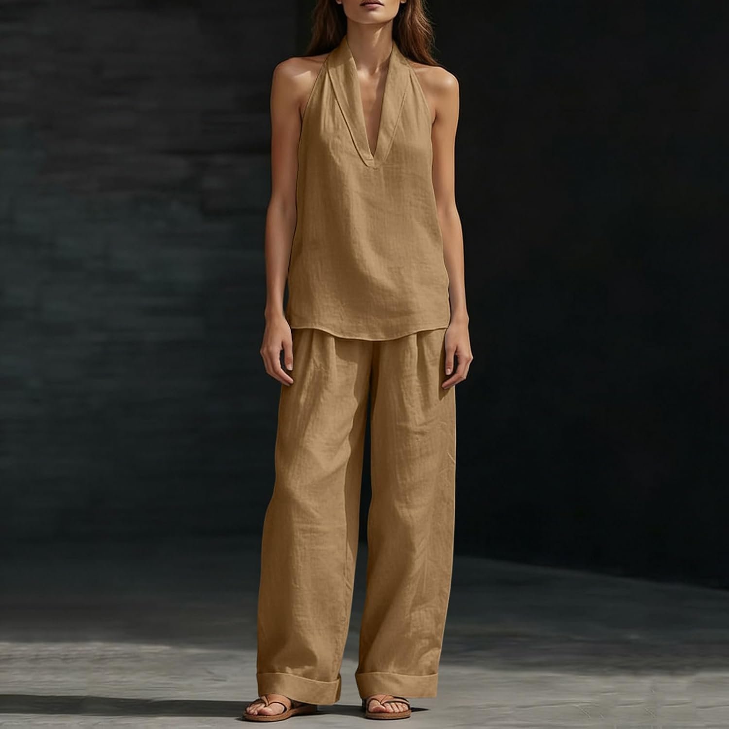 Linen 2 Piece Set for Women Summer Sleeveless Halter V Neck Tank Tops and Wide Leg Pants Loose Lounge Beach Clothes