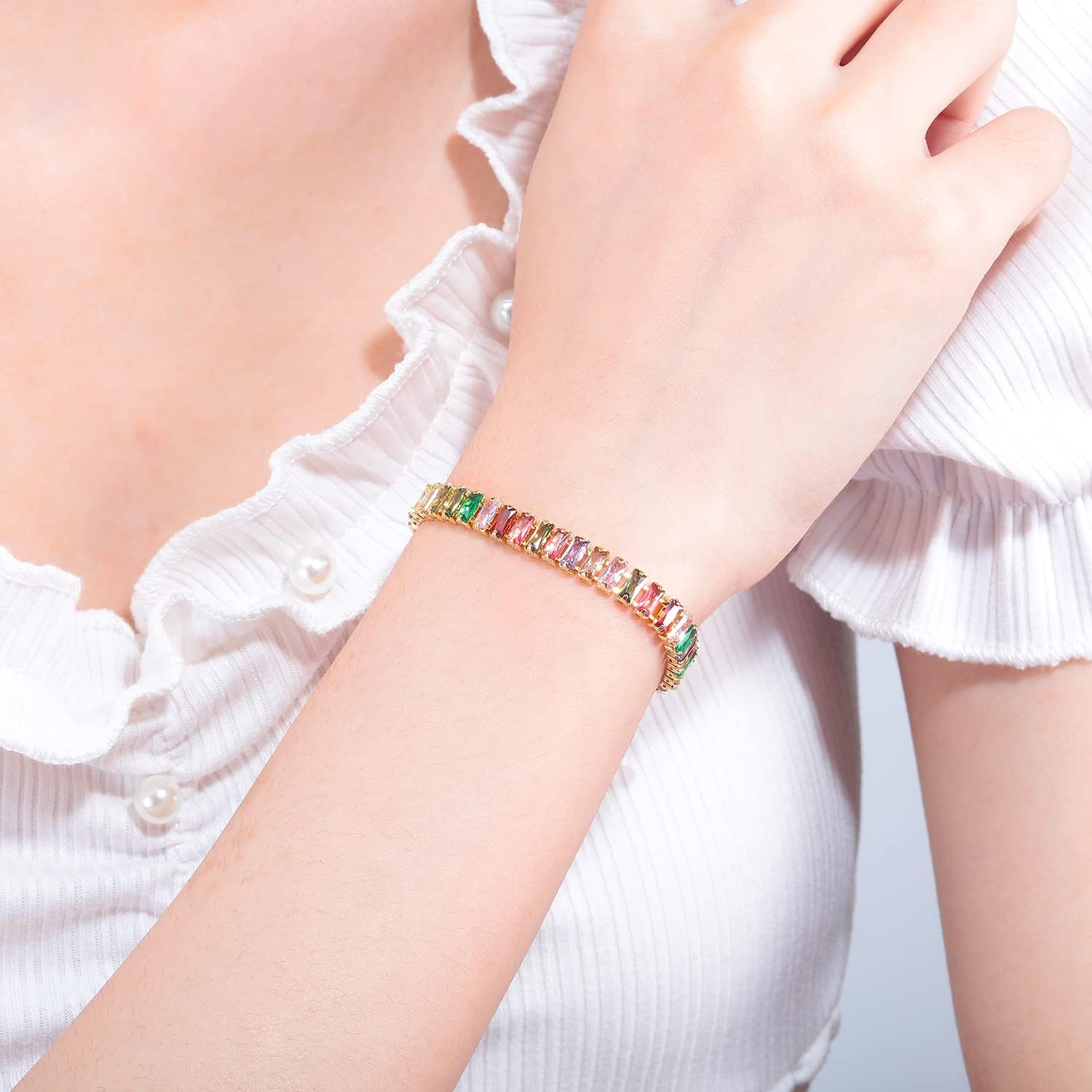 CiNily Adjustable Tennis Bracelets for Women Teen Girls Rainbow Cubic Zirconia Bracelet 14K White Gold Plated Hypoallergenic Slider Bracelet Jewelry Gift - Image 3