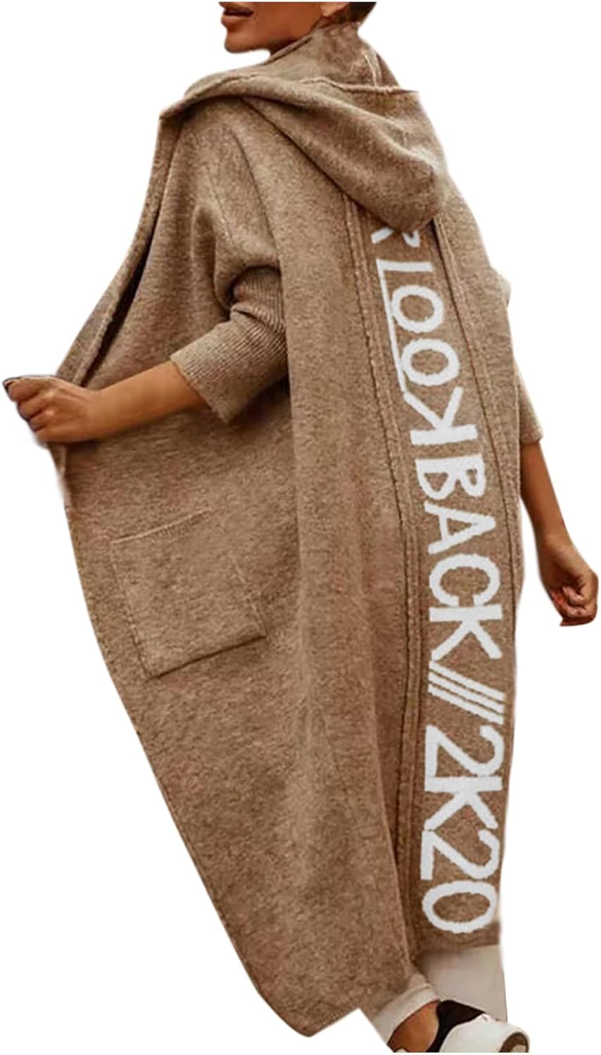 Women's Long Cardigan Coats Letter Print Chunky Athleisure Open Front Long Sleeve Knit Sweater Jacket with Pockets