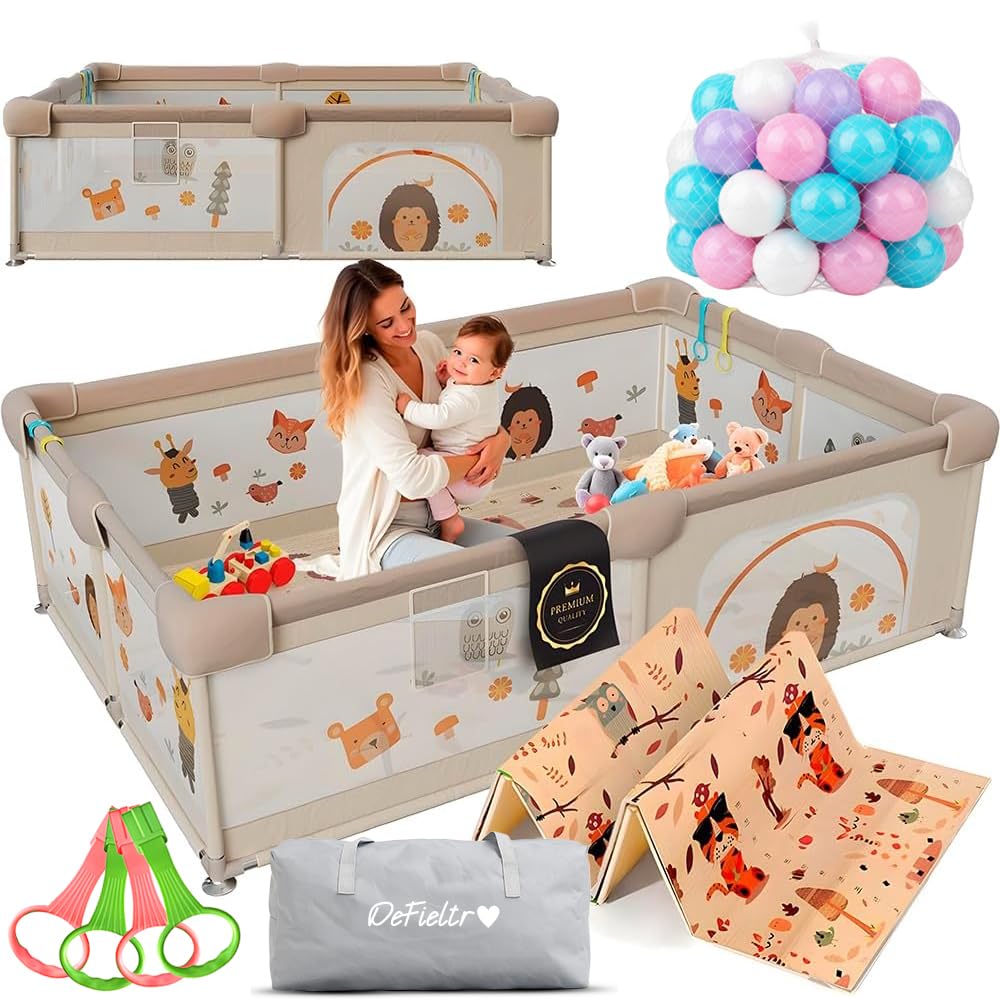 SELVA 150 x 180 – Corralino per bambini con rete di animali traspirante – Corral pieghevole Baby antiscivolo – Tappeto imbottito + 2 anelli (150 x 180 cm, foresta)