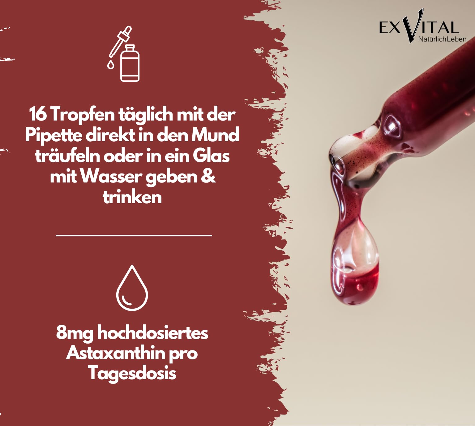 Bio Astaxanthin Tropfen, 8mg Astaxanthin pro Tagesdosis, Hochdosiert & Vegan - 100% natürliches Astaxanthin - Hohe Bioverfügbarkeit - Laborgeprüft, 30 ml