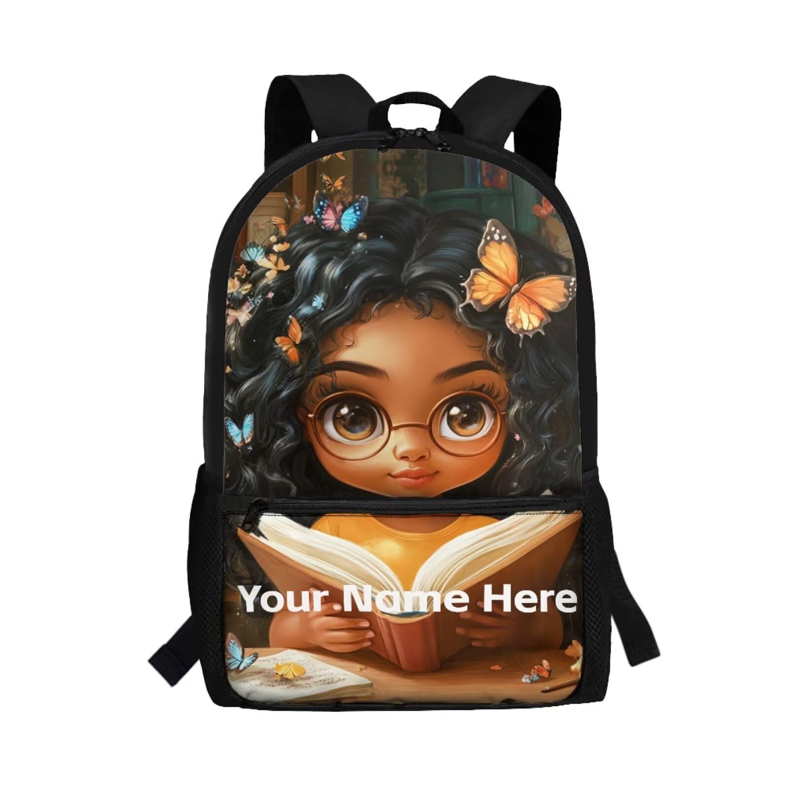Tongluoye Black Girl Custom Name Backpack for Girls African Art Bookbag Personalized School Bags for Kids Age 6-8 8-12 Butterfly Schoolbag with Name
