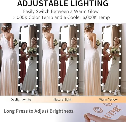 Miniatura 4 de ANYHI Espejo de longitud completa con luces, espejo LED de piso de 63 x 24 pulgadas con atenuación e iluminación de 3 colores, espejos Hollywood de