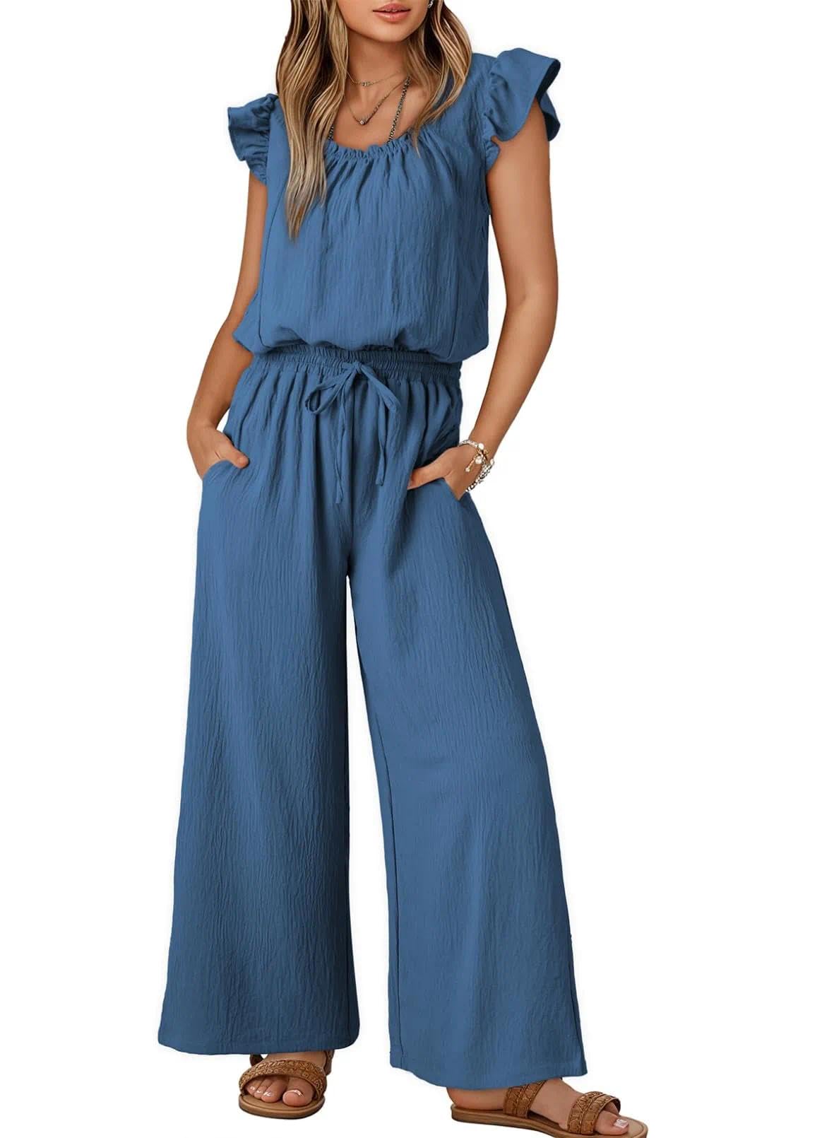 Damen Sommer Ärmellos Jumpsuit Overall Lang Hosenanzug Casual Weitbeinige Hose mit Taschen