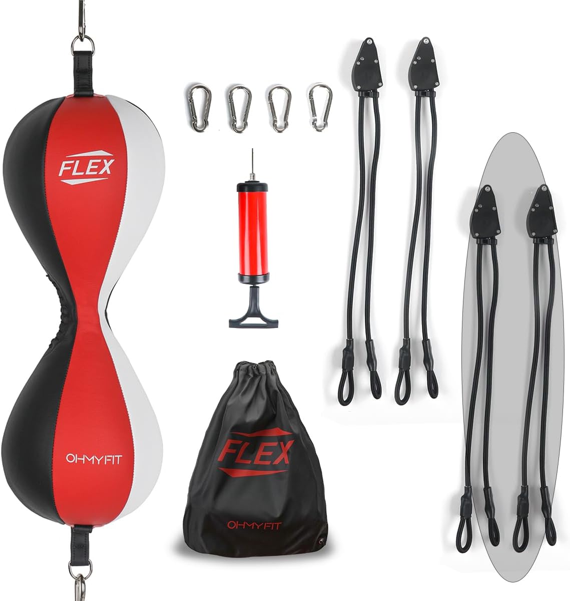 Flex Dual Double End Punching Bag and Extra Adjustable Bungee Cords Bundle - Complete Home & Gym Exercise Equipment Set for Men & Women