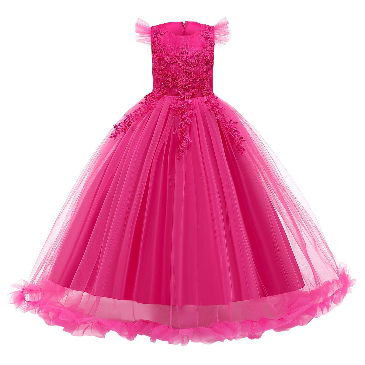 Girls Embroidery Flower Lace Long A Line Pageant Dress Floor Length Princess Prom Tulle Maxi Gown for Wedding Party Birthday