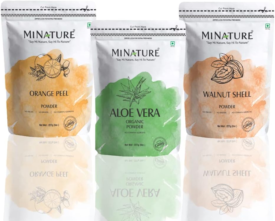 minature Combo of Three- Aloe Vera Powder, Orange Peel Powder and Walnut Shell Powder - Skin Care - 227 g Each