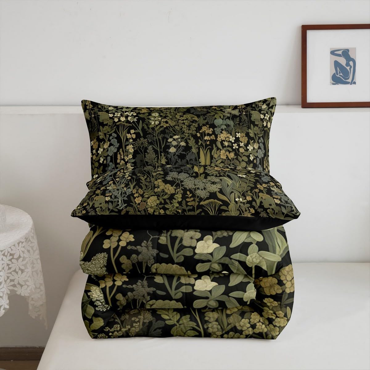 Retro Botanical Comforter Set Full Size,Dark Green Leaves Bedding Sets 3Pcs for Kids Teens Adult Room Decor,Tropical Fern Plants Quilted Duvet Rustic Farmhouse Style Down Comforter,2 Pillowcases