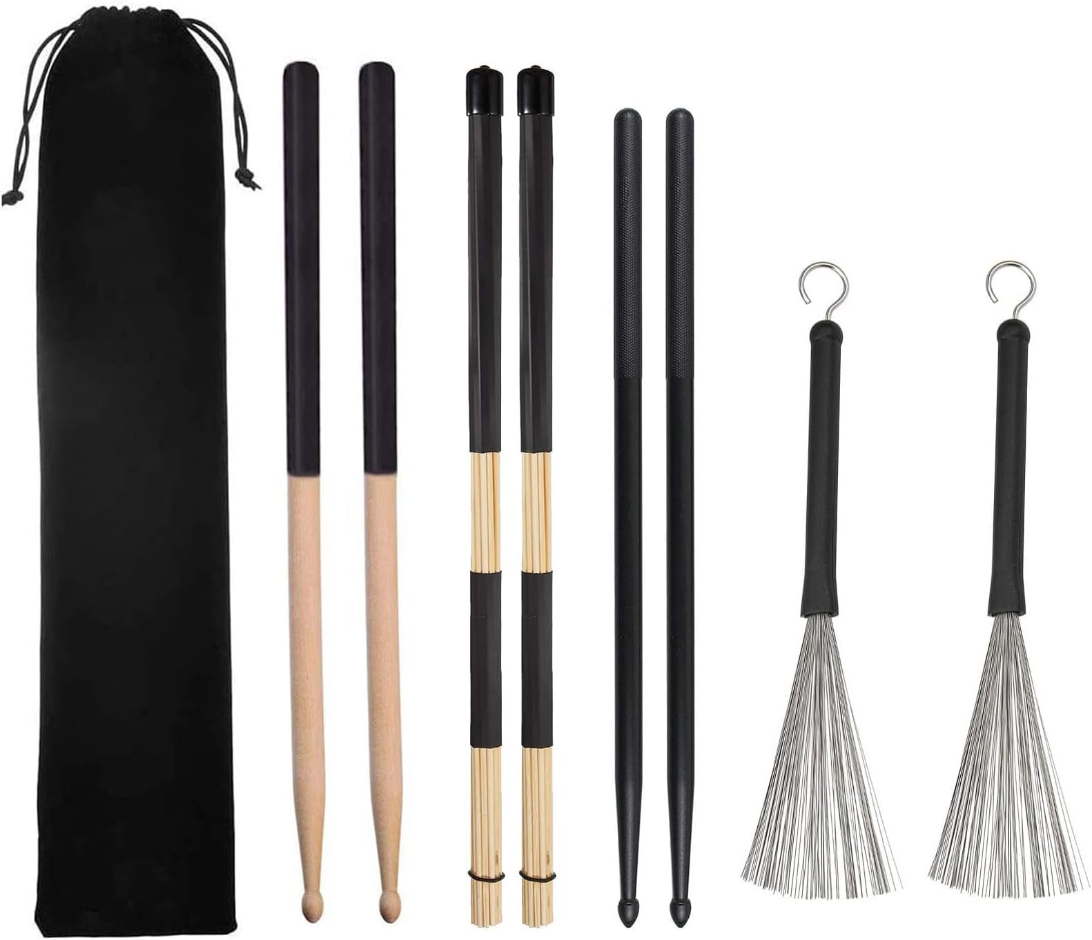 Drum Sticks Set 1 Pair Classic Wood Drum Sticks 1 Pair Nylon Drum Sticks 1 Pair Retractable Drum Wire Brushes and 1 Pair Rods Drum Brushes Set for Cajon Rock Band Jazz Folk Drummer (Black)