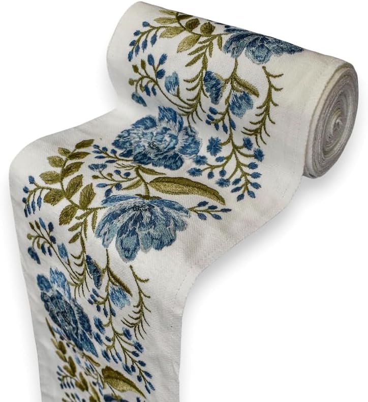Fabric Mart Direct Ivory & Blue Meadow Vine Floral Embroidered Border Decorative Fabric Ribbon by The Yard, Botanical Curtain Border Tape, Upholstery Lace for Table Cloth, 5.50 Inches (139 mm) Trim