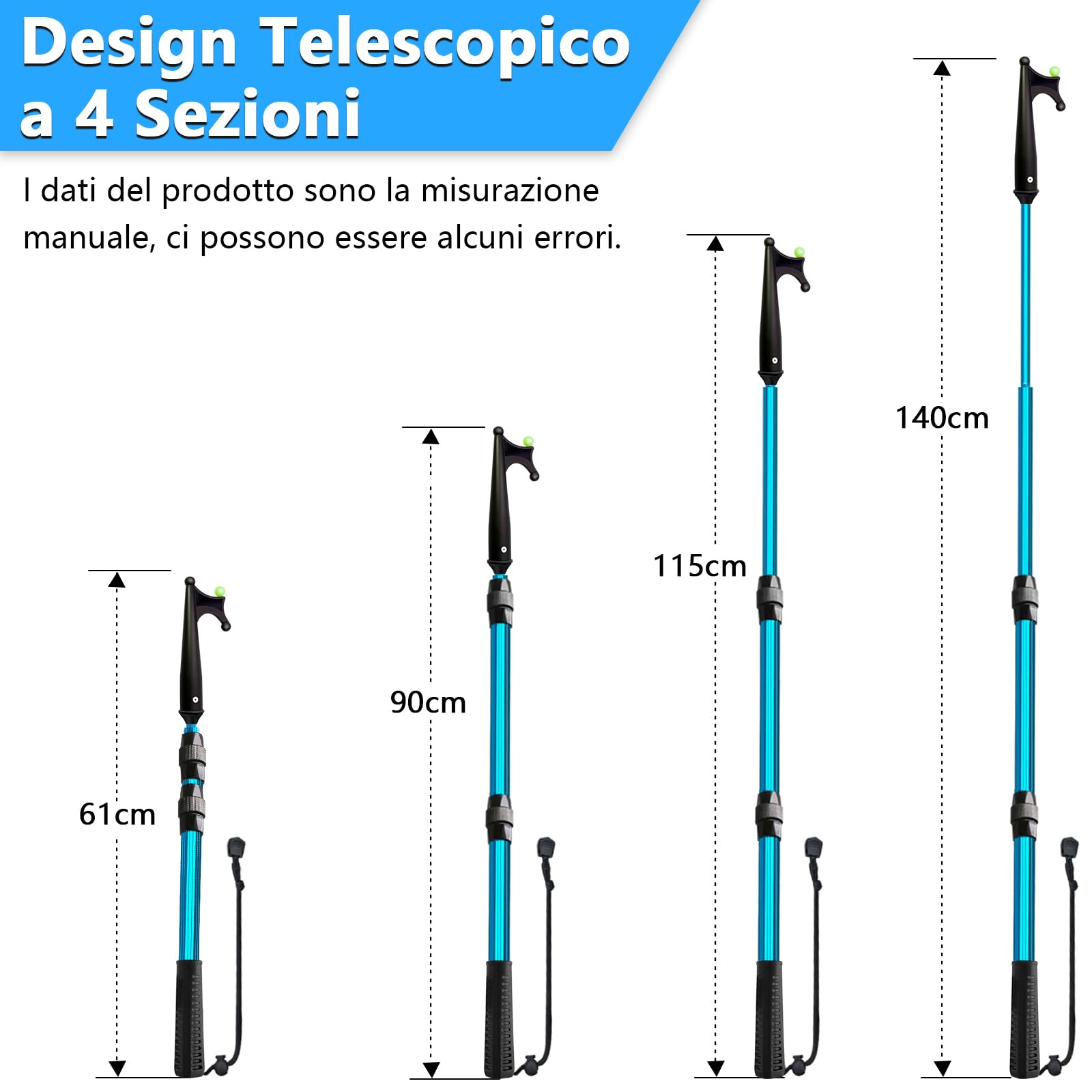 KOMCLUB Gancio telescopico per barche in alluminio leggero con spinta pole multiuso allungabile, impugnatura in gomma antiscivolo con perline luminose, gancio in plastica e cordino per docking e