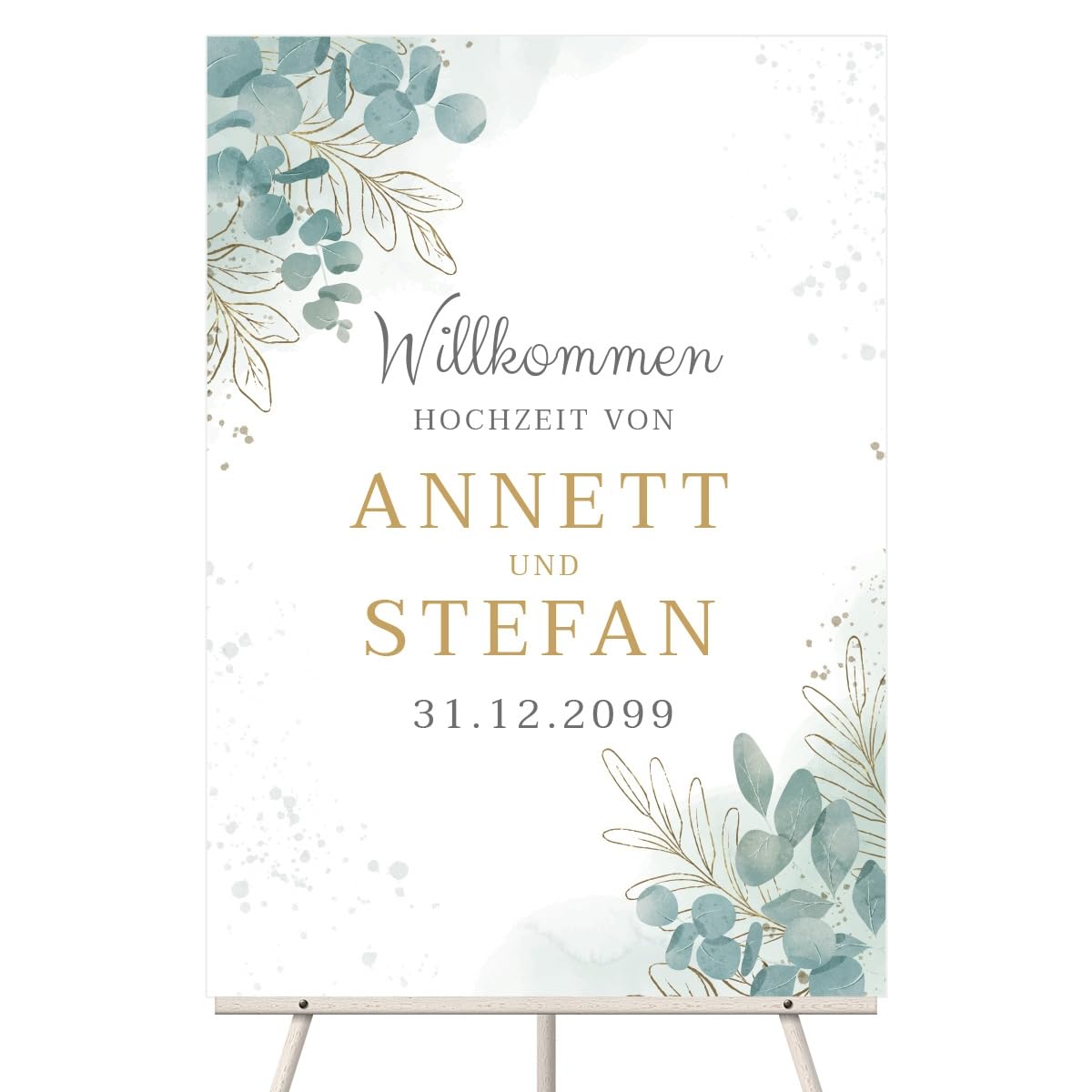 Personalisiertes Willkommensschild zur Hochzeit, Größe wählbar: DIN A3, A2 oder A1 - Eukalyptus Design - mit intensivem UV-Druck mit Ihren Namen, Datum und Text, 3mm Dick