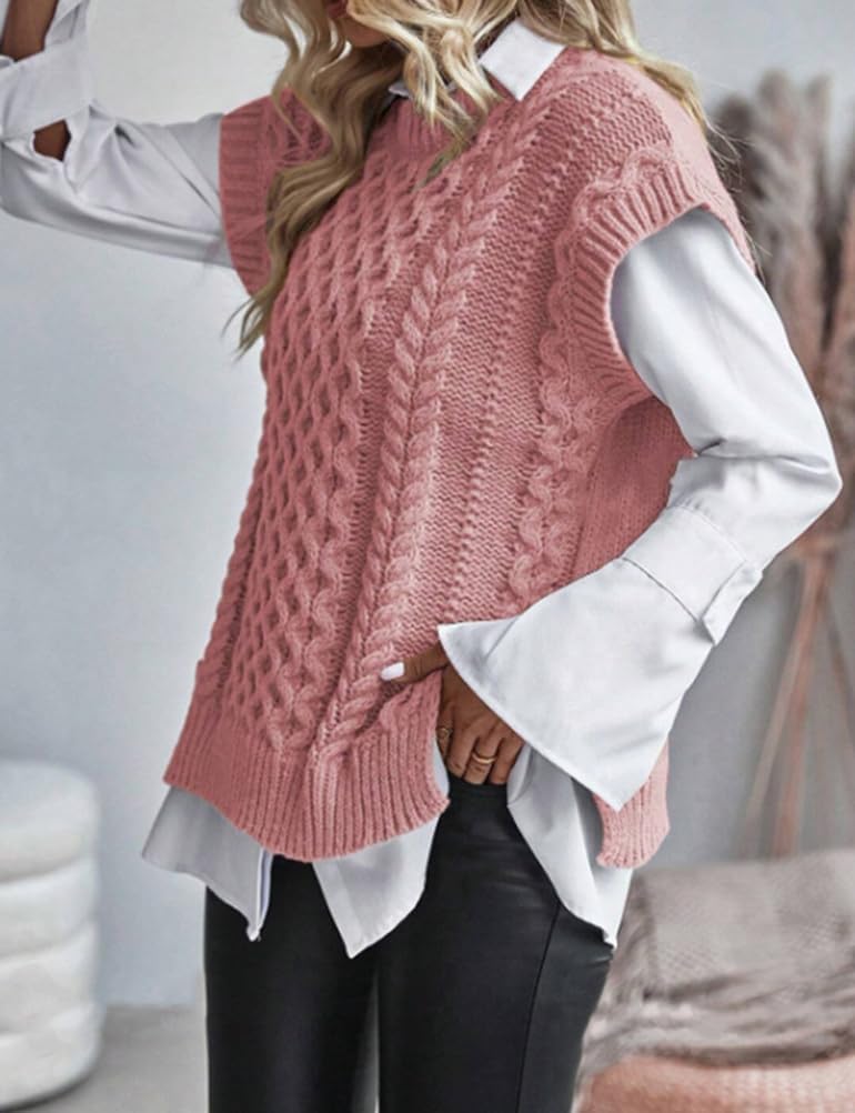 Kinghua Women's Sweater Vests Fall Winter Trendy Crewneck Sleeveless Cable Knit Vest Side Slit Pullover Tops Outwear
