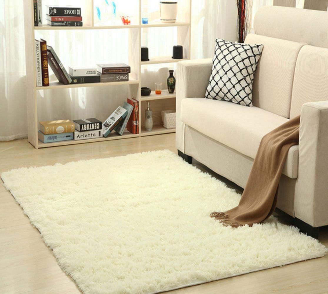 Aomerrt Soft Silk Wool Rug Indoor Modern Shag Area Rug Silky Rugs Bedroom Floor Mat Baby Nursery Rug Children Carpet,Beige white,80X120cm