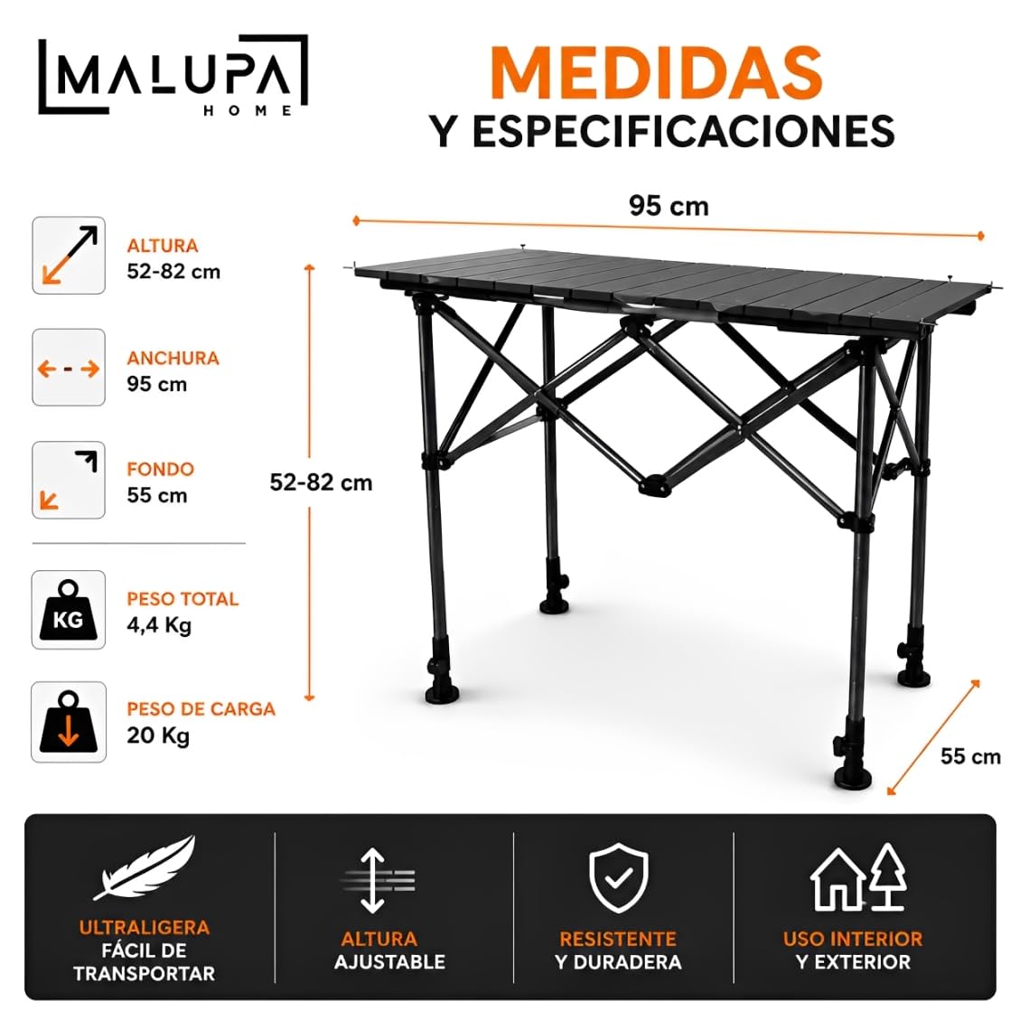 Mesa Plegable Camping, Mesa Auxiliar de 95x55 cm