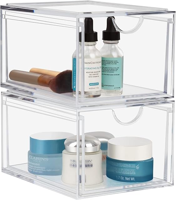 Acrylic Stackable Drawer Organizer, Clear Drawer Organizer Bins, Makeup Organizer for Vanity, Kitchen Cabinet, Bathroom, Fridge Organization, Bedroom - 2 Pack