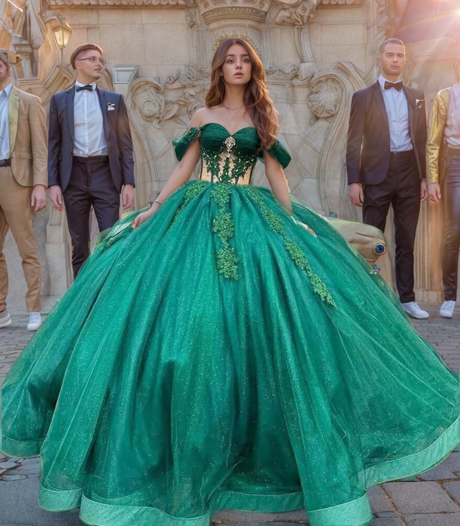 Women's Off Shoulder Quinceanera Dresses Lace Tulle Ball Gowns for Sweet 15 16 Dresses Prom Ball Gown with Train
