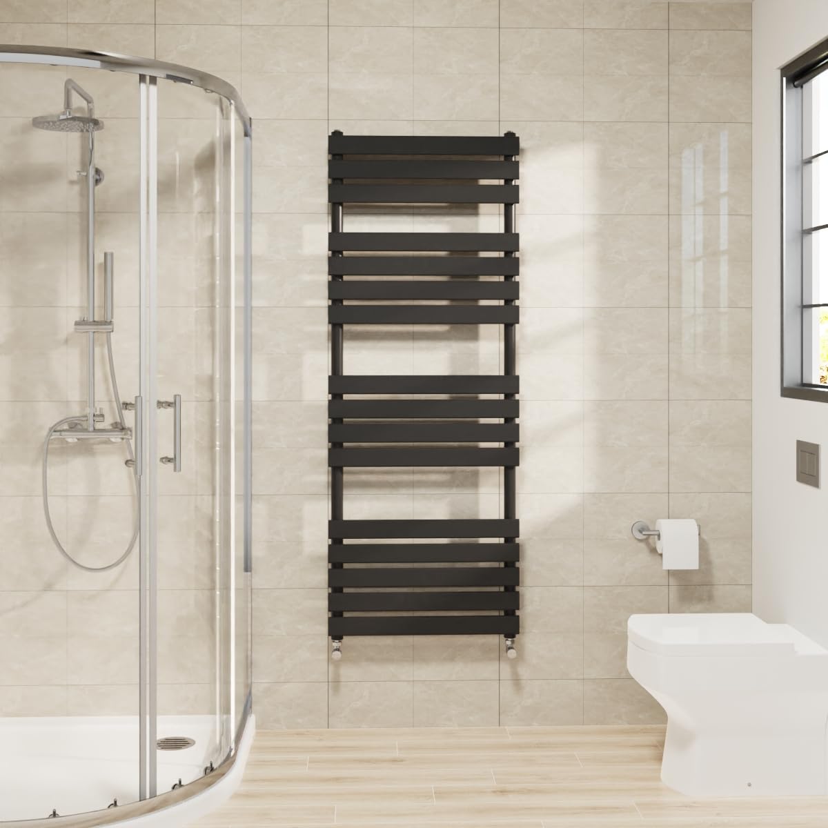 Warmehaus Black Flat Panel Heated Towel Rail Bathroom Ladder Radiator Warmer 1600X600mm