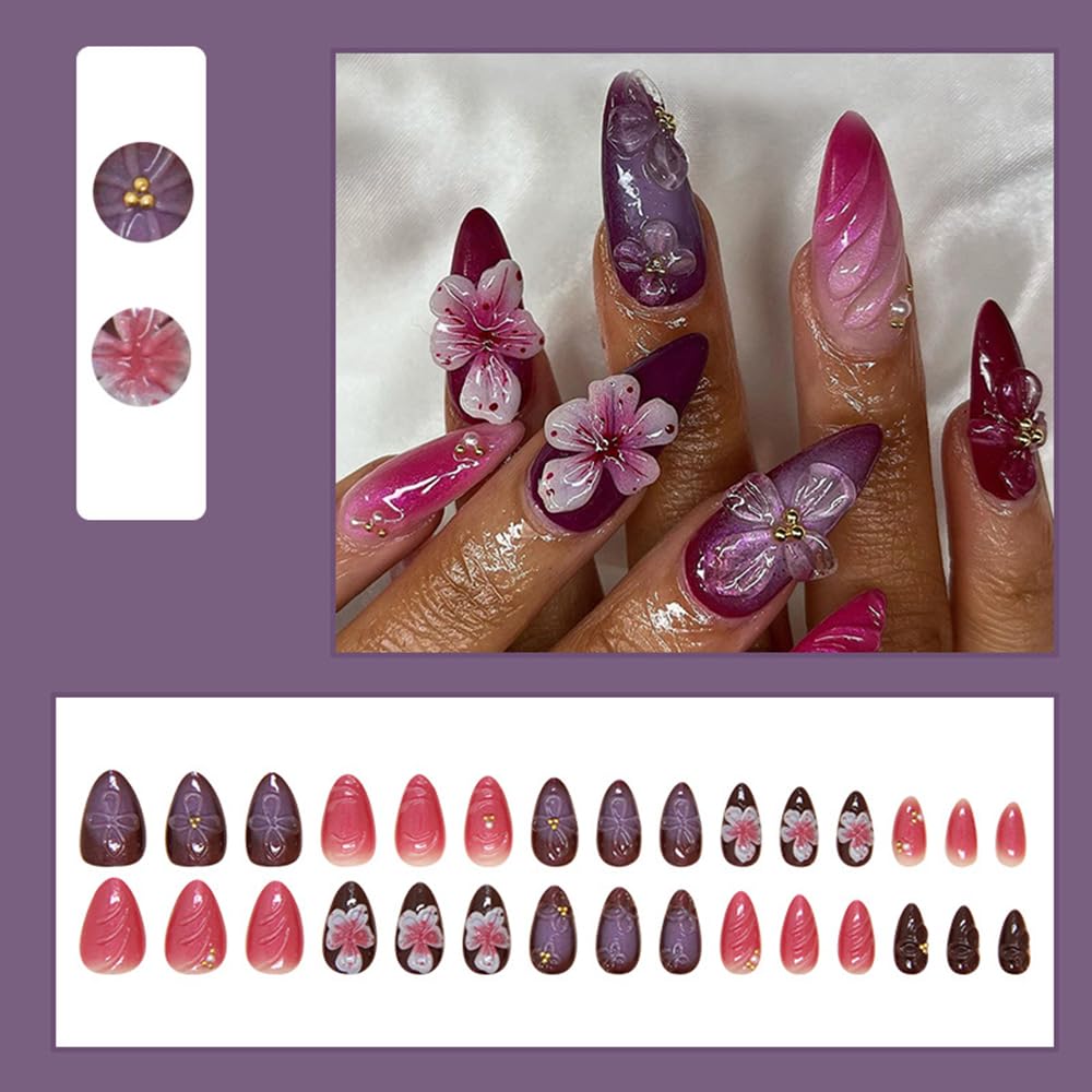 30 Pcs Dark Purple Press on Nails Short Almond - YEFIUO Spring Wine Red Fake Nails Press ons French Nail Art Tip Full Cover Acrylic False Nails Glue on Nails Kit with 3D Small Flowers Design for Women