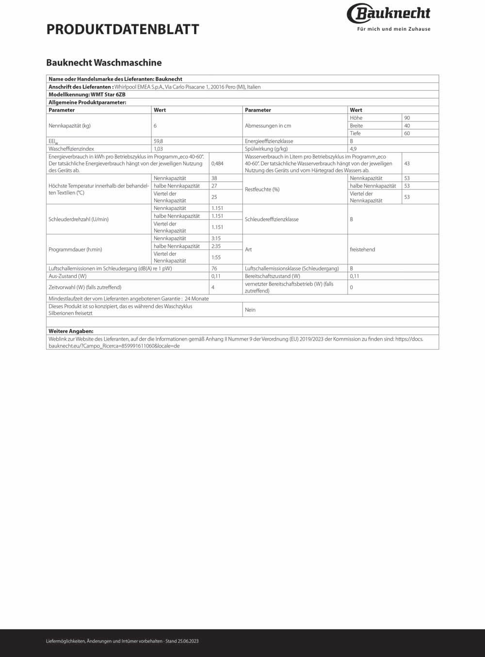 Bauknecht WMT Star 6ZB Toplader-Waschmaschine/ 6 kg/ 1200 UpM/ Vollwasserschutz/ Automatische Trommelpositionierung/ SoftOpening/ 15° Green&Clean/ Kurz 30'/ FreshFinish/ Extra Spülen/ Startzeitvorwahl