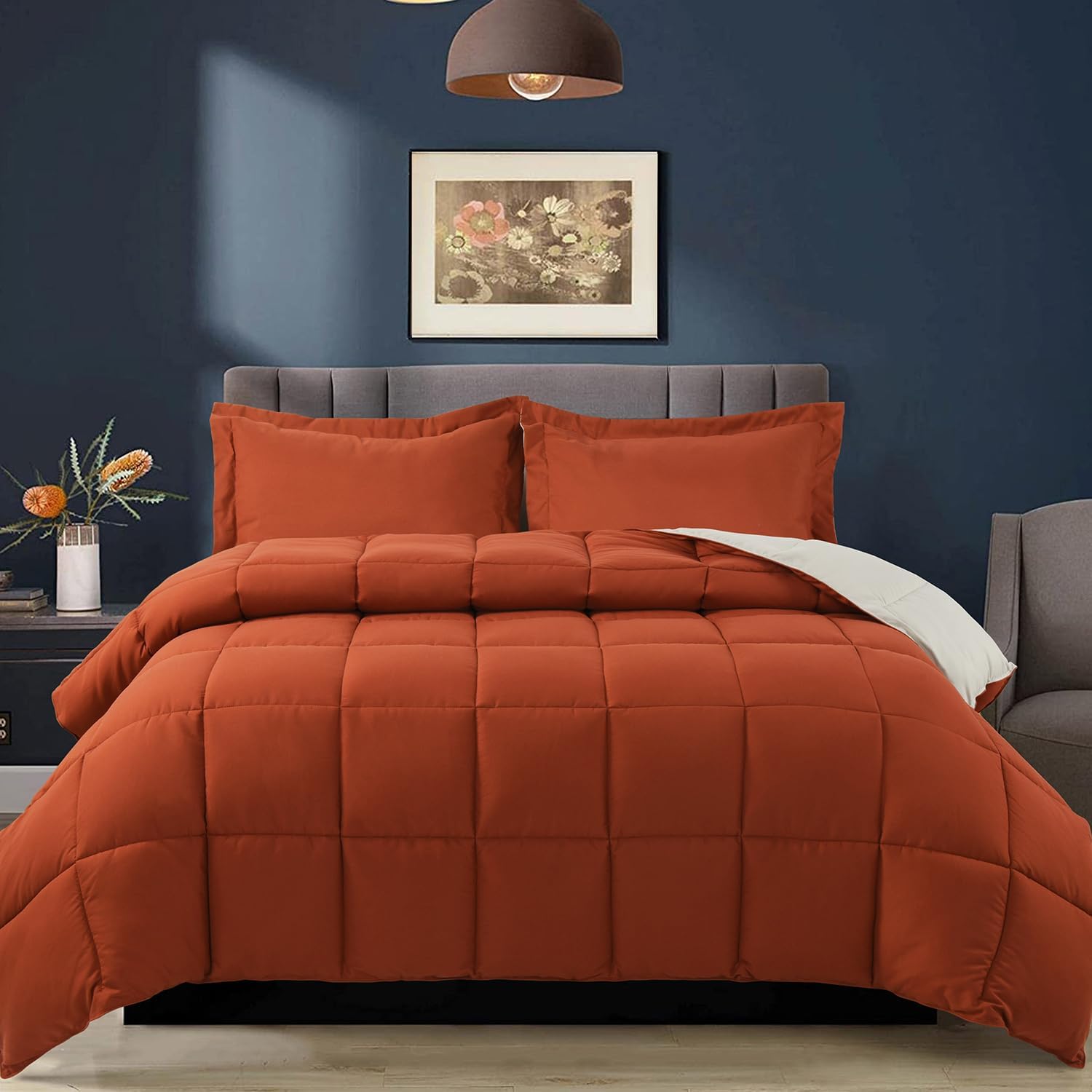 HIG 3pc Burnt Orange Twin/Twin XL Comforter Set - All Season Reversible Down Alternative Comforter with Sham - Quilted Duvet Insert with Corner Tabs - Box Stitched - Breathable, Soft, Fluffy - Image 2