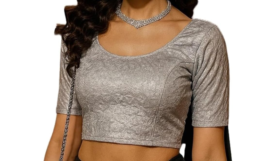 Women's Silver Stretchable Body Fit Blouse, Crop Top with Elbow Sleeves-image-40
